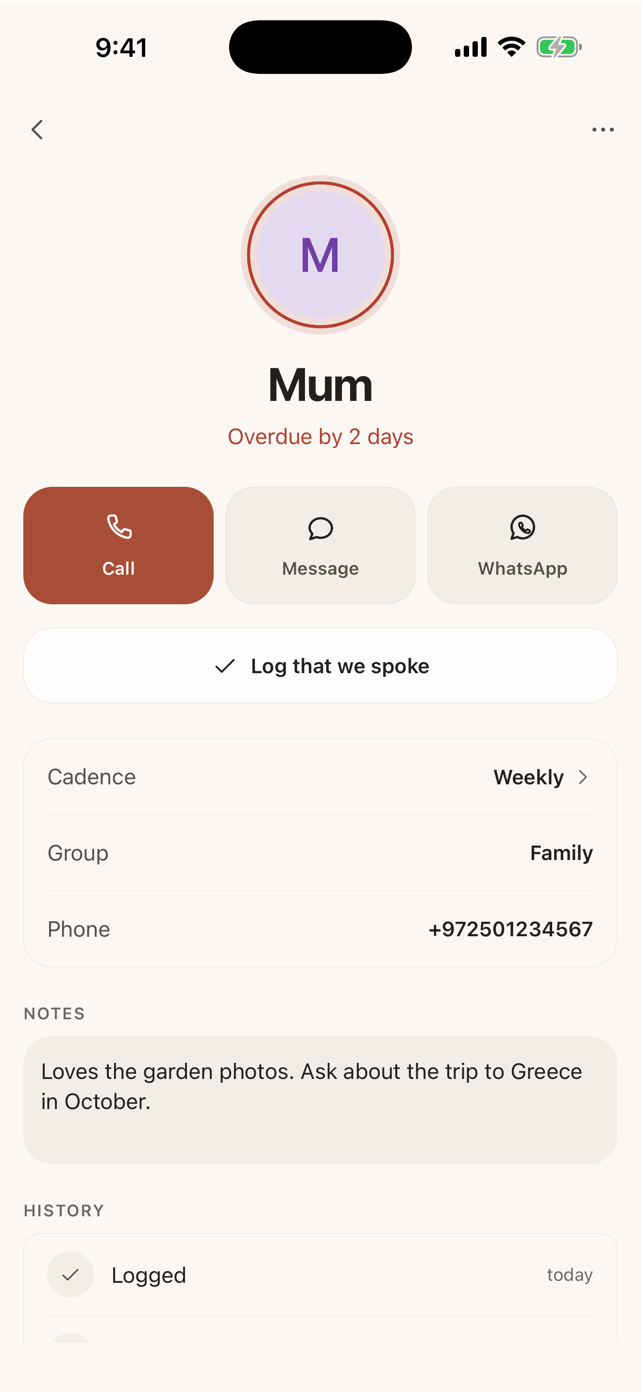 A contact, with cadence, quick actions and history