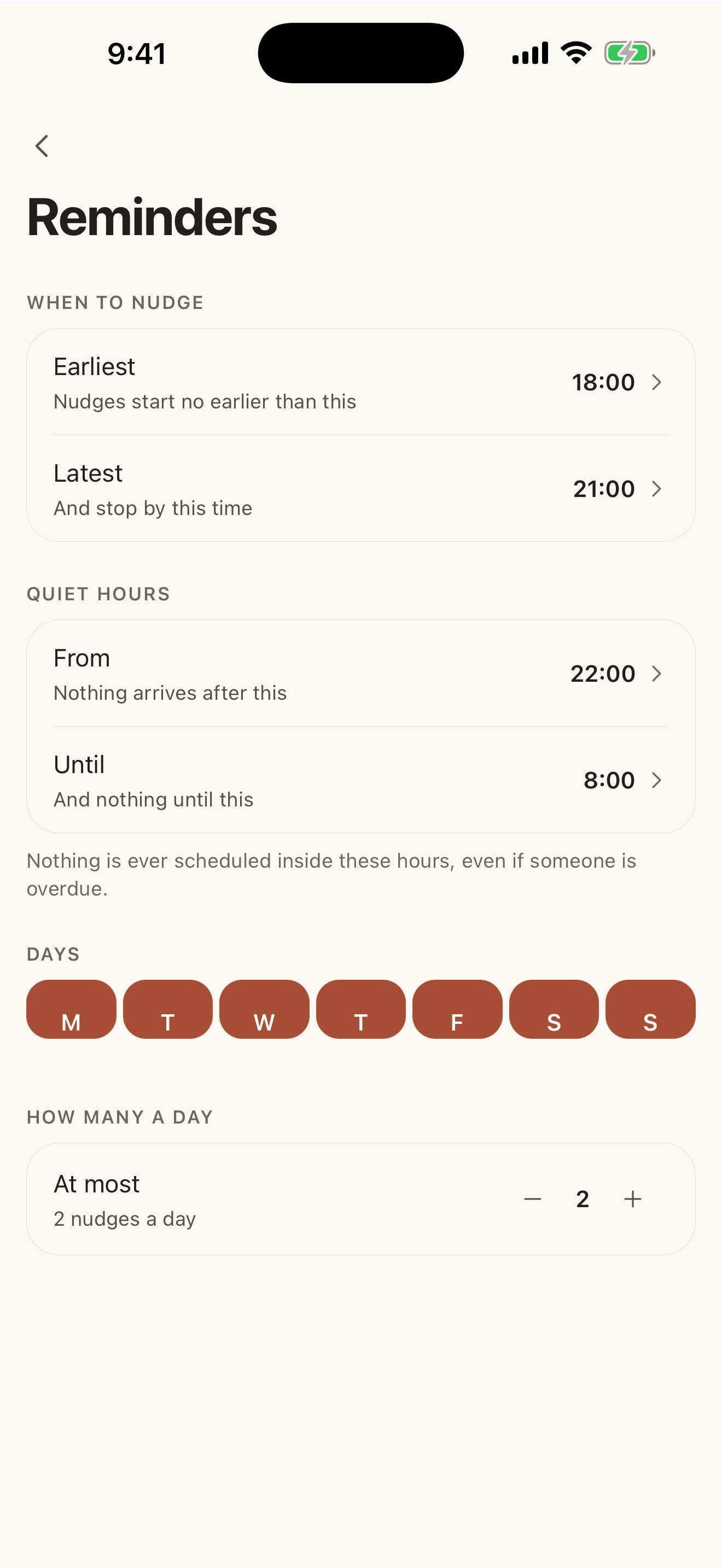 Reminder preferences, including quiet hours